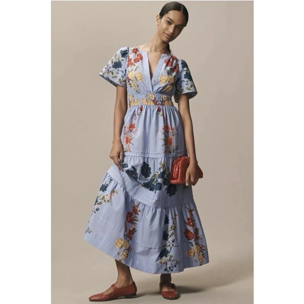 Anthropologie The Somerset Tiered Maxi Dress XXL Blue Floral